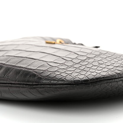 Saint Laurent Calfskin Crocodile Embossed Paris VII Large Flat Hobo Black 10 of 11