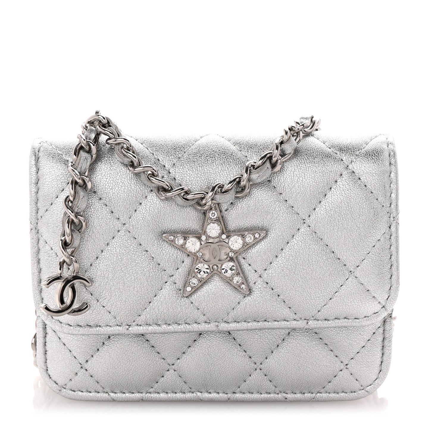 Metallic Goatskin Quilted Crystal CC Walk Of Fame Clutch With Chain Silver