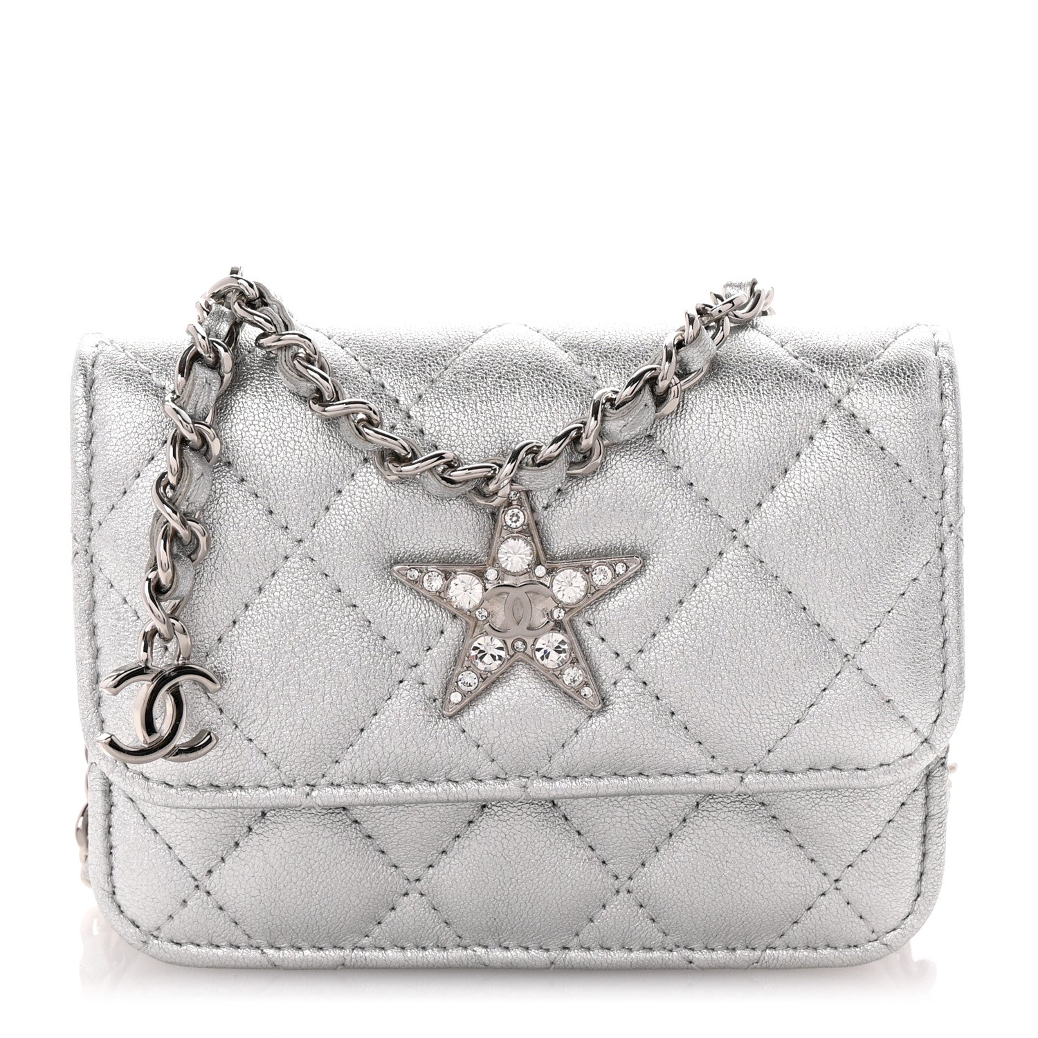 Chanel Metallic Goatskin Quilted Crystal CC Walk Of Fame Clutch With Chain Silver 1 of 9