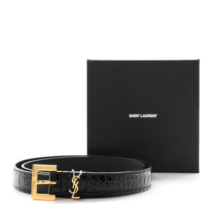 Saint Laurent Calfskin Crocodile Embossed Monogram Square Buckle Belt 80 32 Black 7 of 7