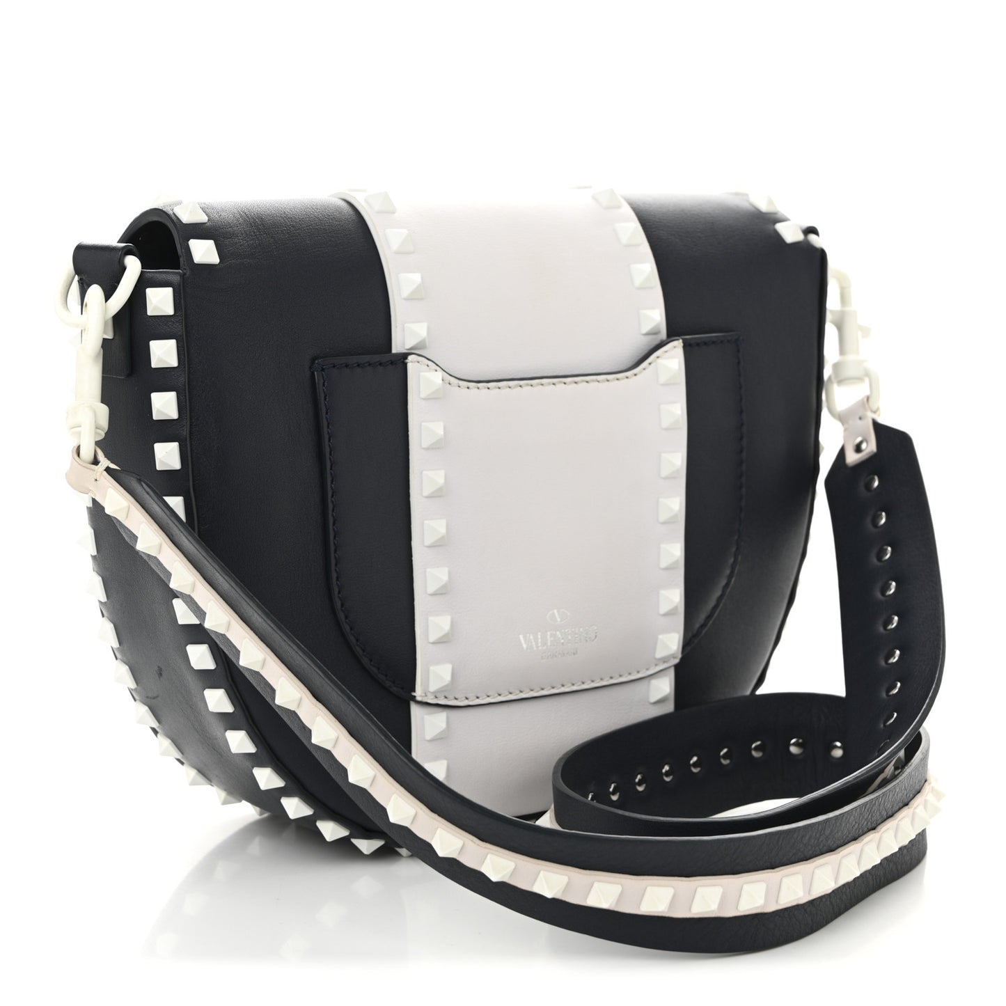 Vitello Colorblock Large Free Rockstud Halfmoon Saddle Bag Marine White