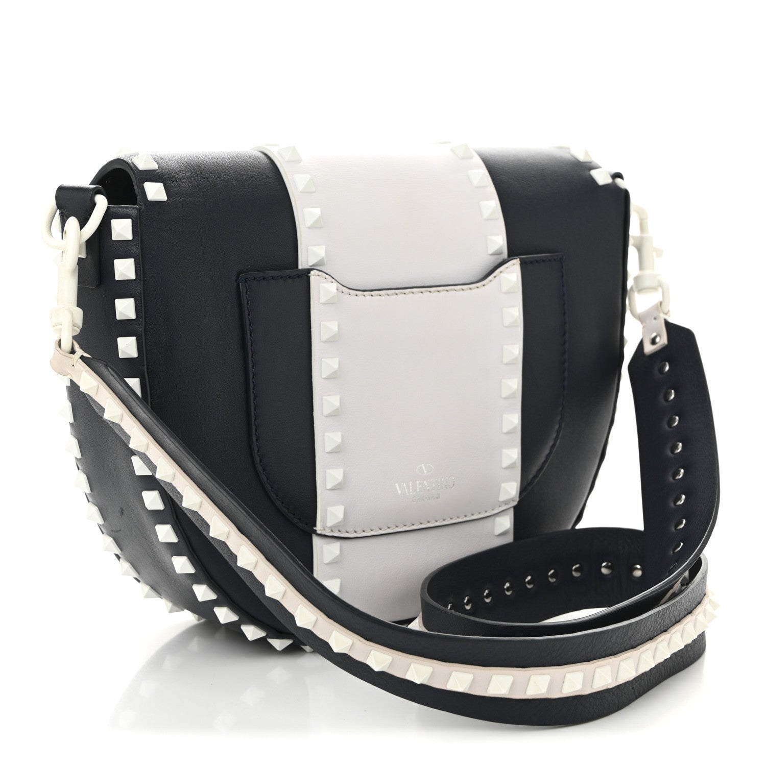 Valentino Garavani Vitello Colorblock Large Free Rockstud Halfmoon Saddle Bag Marine White 3 of 10
