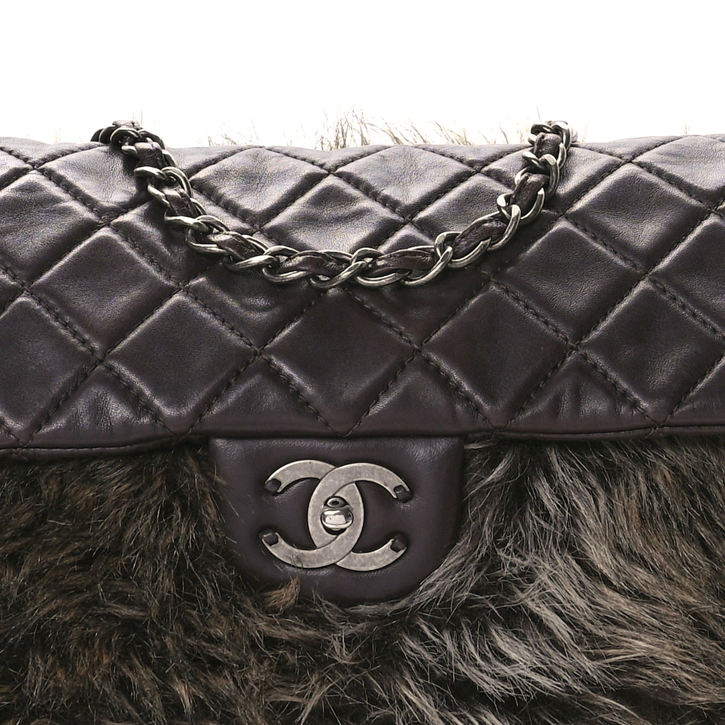 Lambskin Quilted Fantasy Fur Flap Brown
