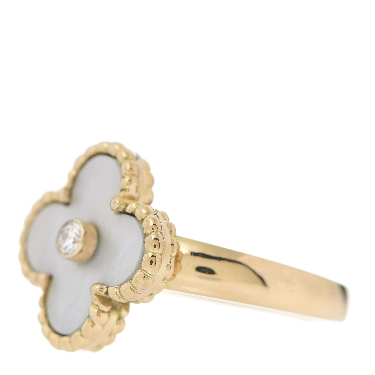 18K Yellow Gold Diamond Mother of Pearl Vintage Alhambra Ring 51 5.75