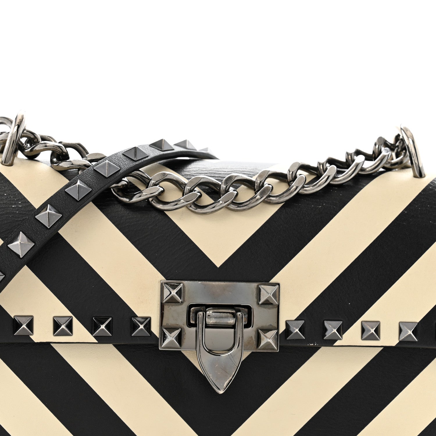 Valentino Garavani Vitello Chevron Medium Rockstud Flip Lock Crossbody Bag Light Ivory Black 7 of 14