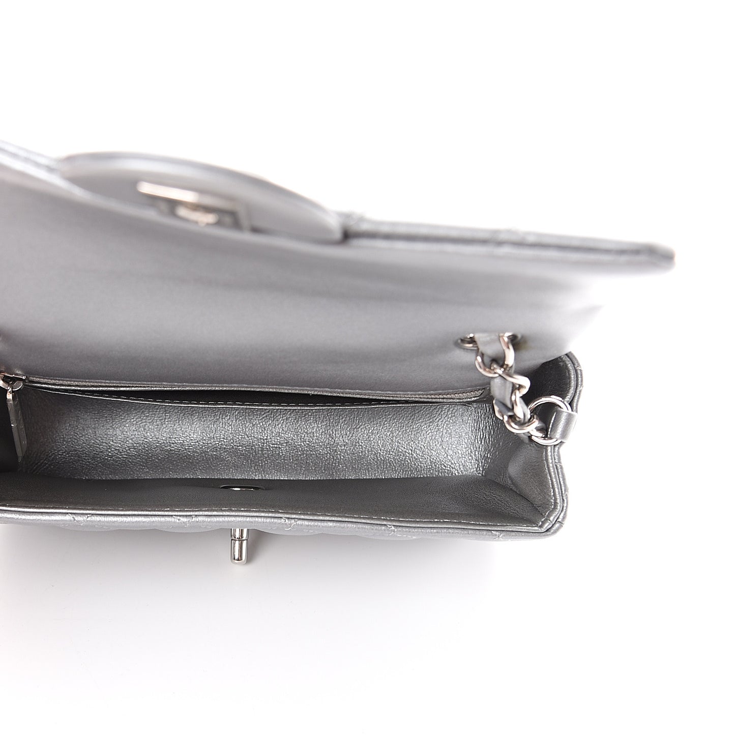 Metallic Lambskin Quilted Mini Rectangular Flap Silver