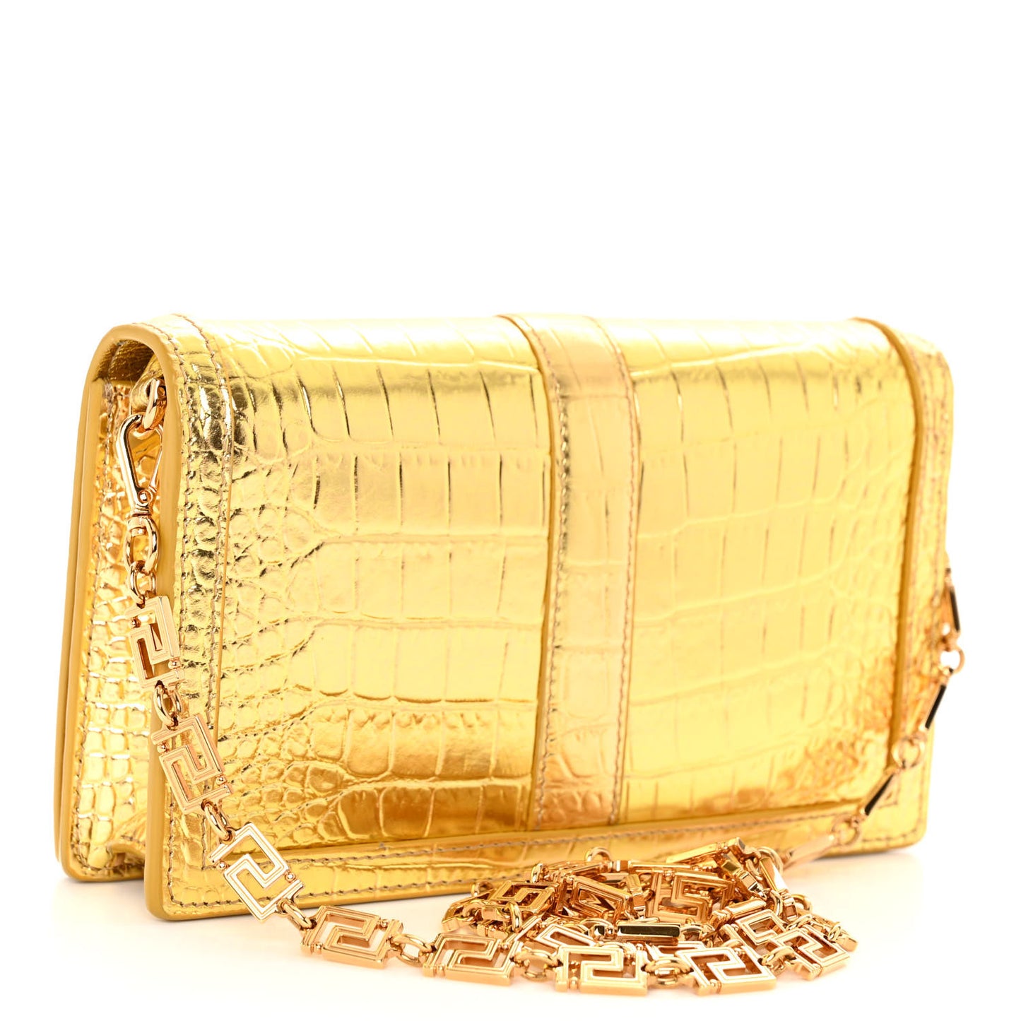 Metallic Crocodile Embossed Calfskin Greca Goddess Wallet On Chain Gold