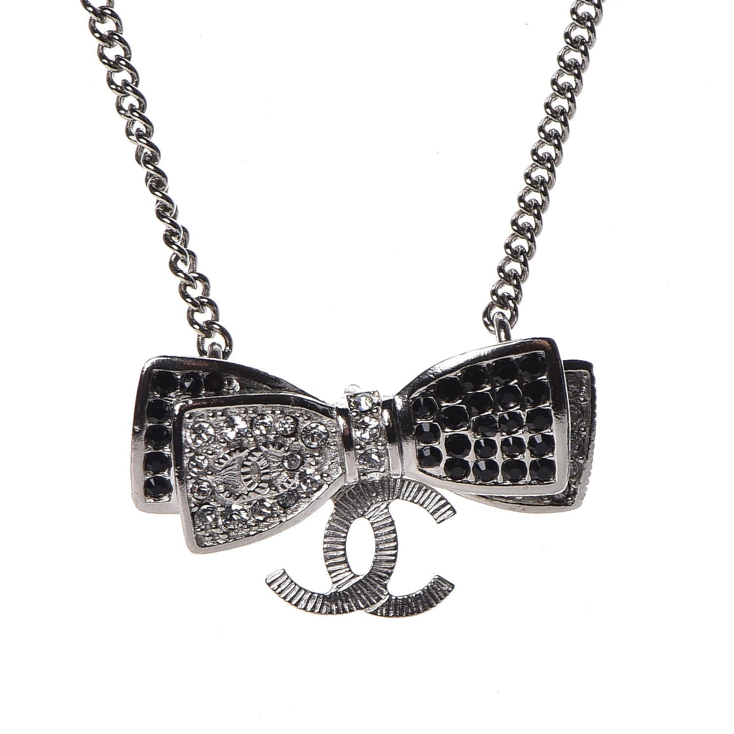 Crystal CC Bow Necklace Silver Black