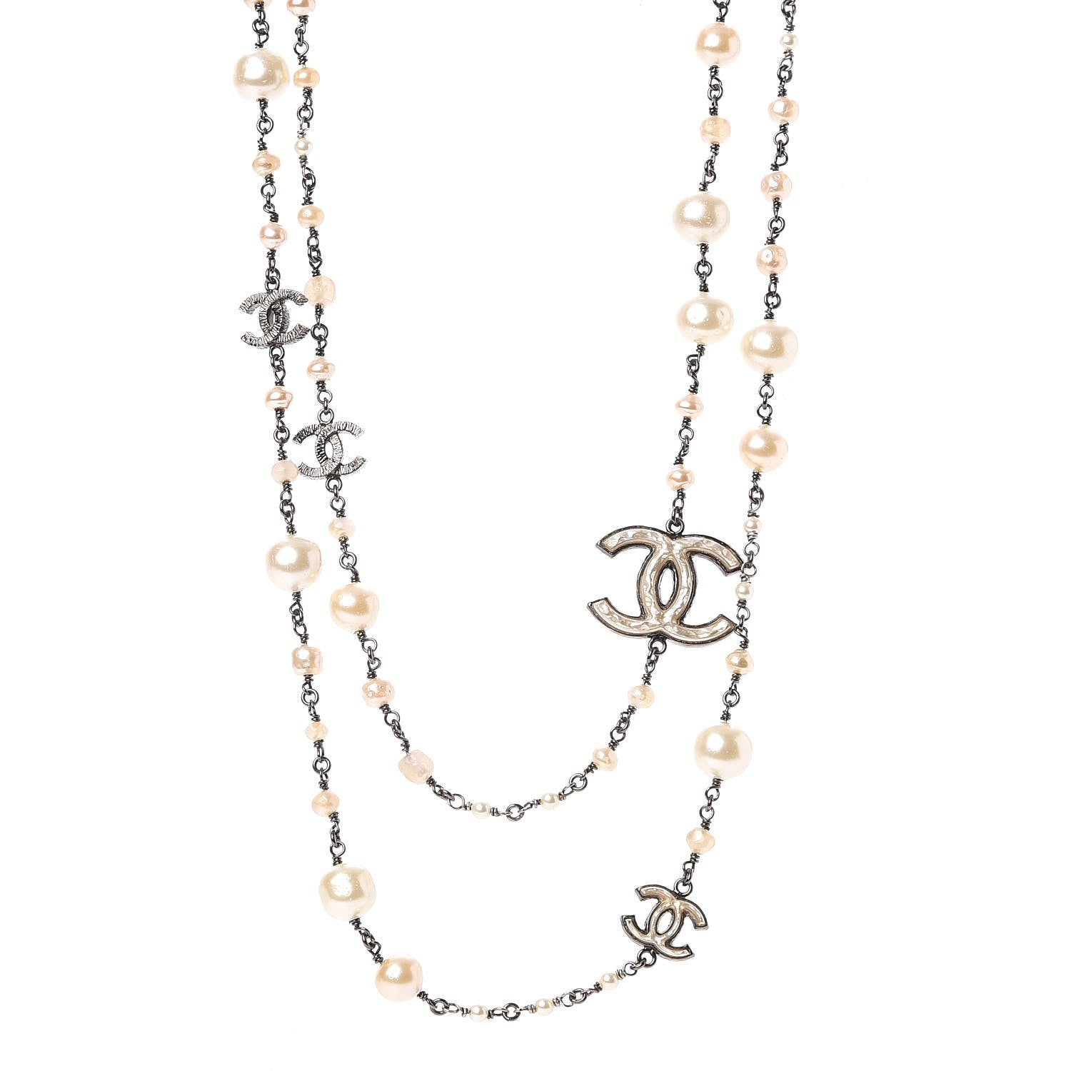 Chanel Ruthenium Enamel Graduated Baroque Pearl CC Long Necklace 1 of 11