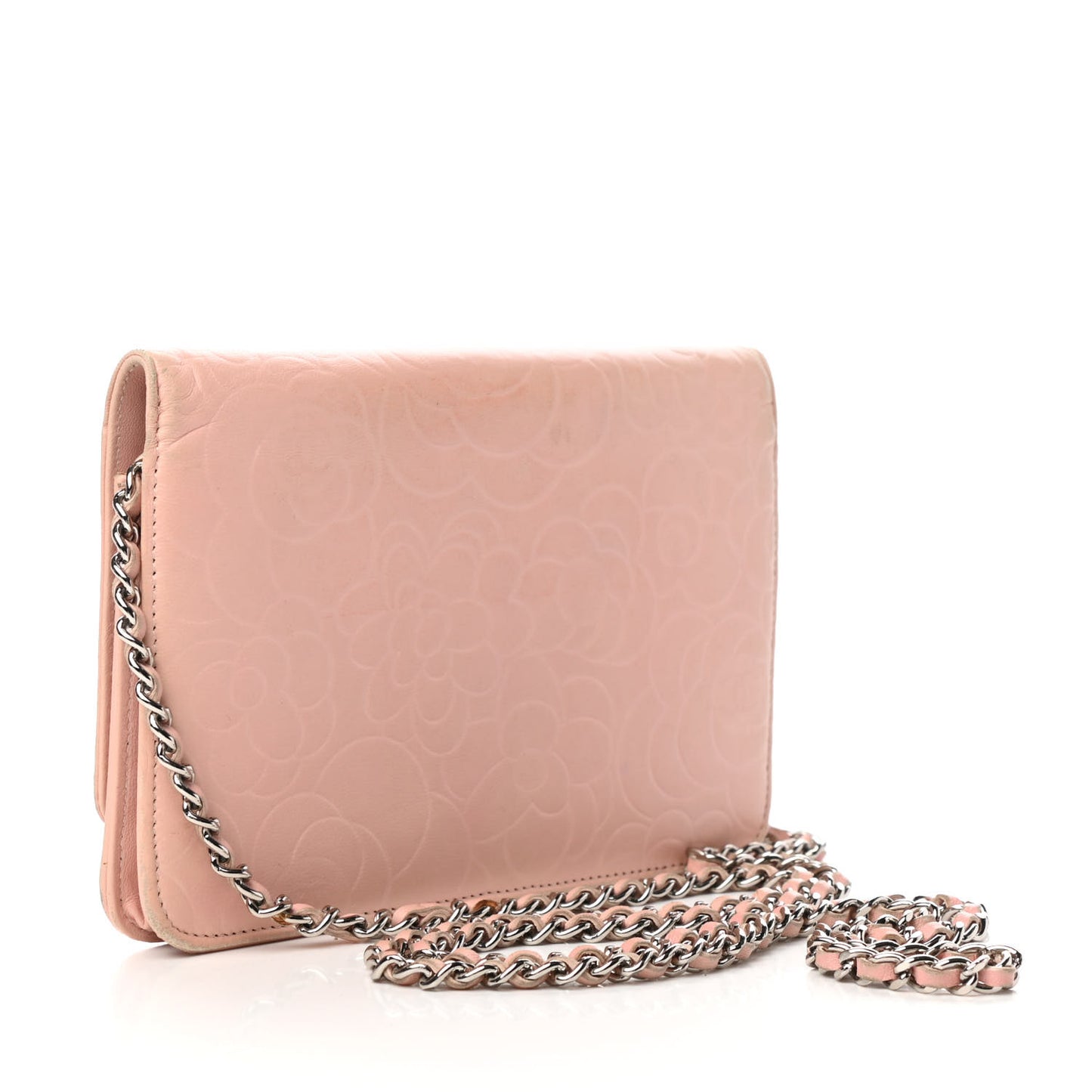 Lambskin Camellia Embossed Wallet On Chain WOC Light Pink