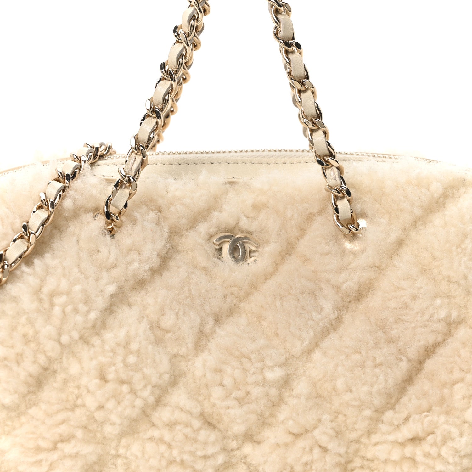 Chanel Shearling Quilted Barrel Clutch With Chain Beige 8 of 11
