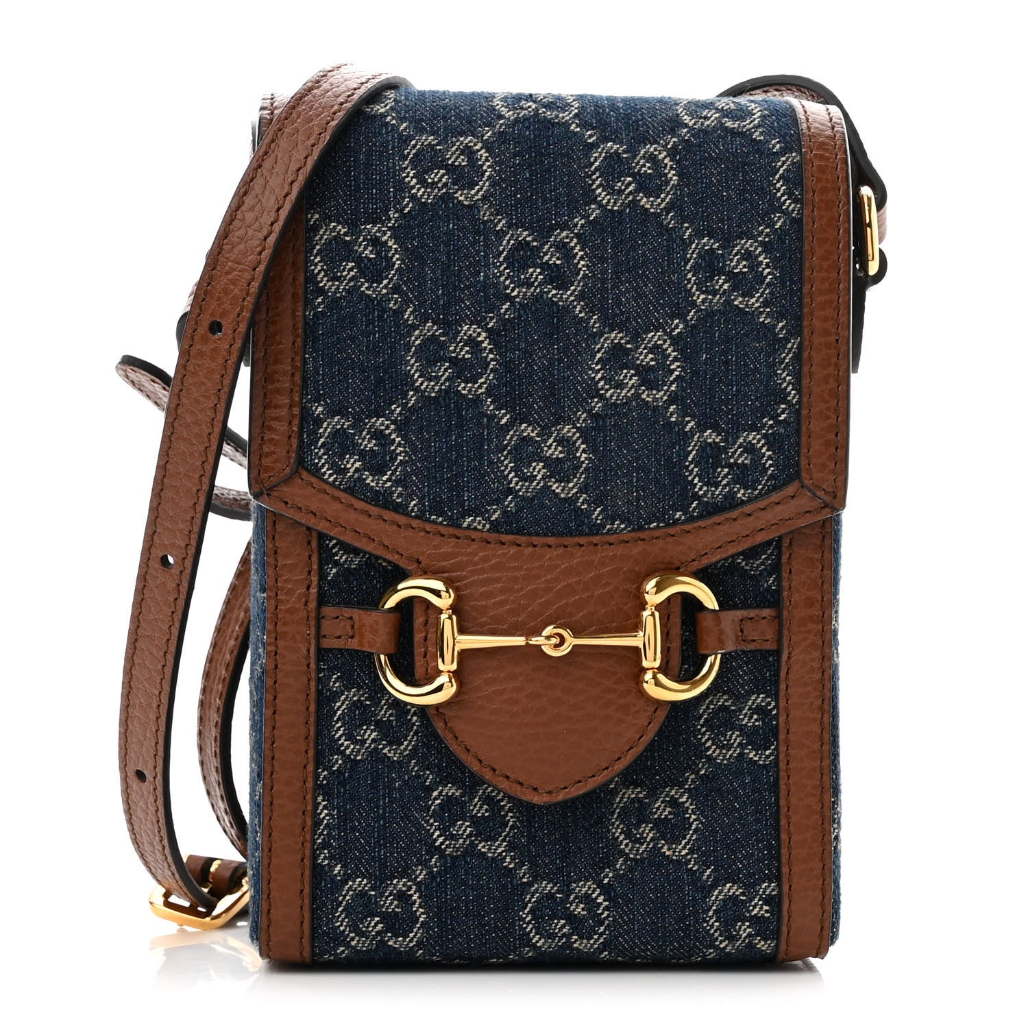 Gucci New Denim GG Monogram Dollar Calfskin Mini Horsebit 1955 Crossbody Bag Blue Tea Cuir Epilog 1 of 12