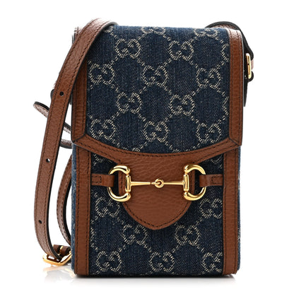 Gucci New Denim GG Monogram Dollar Calfskin Mini Horsebit 1955 Crossbody Bag Blue Tea Cuir Epilog 1 of 12
