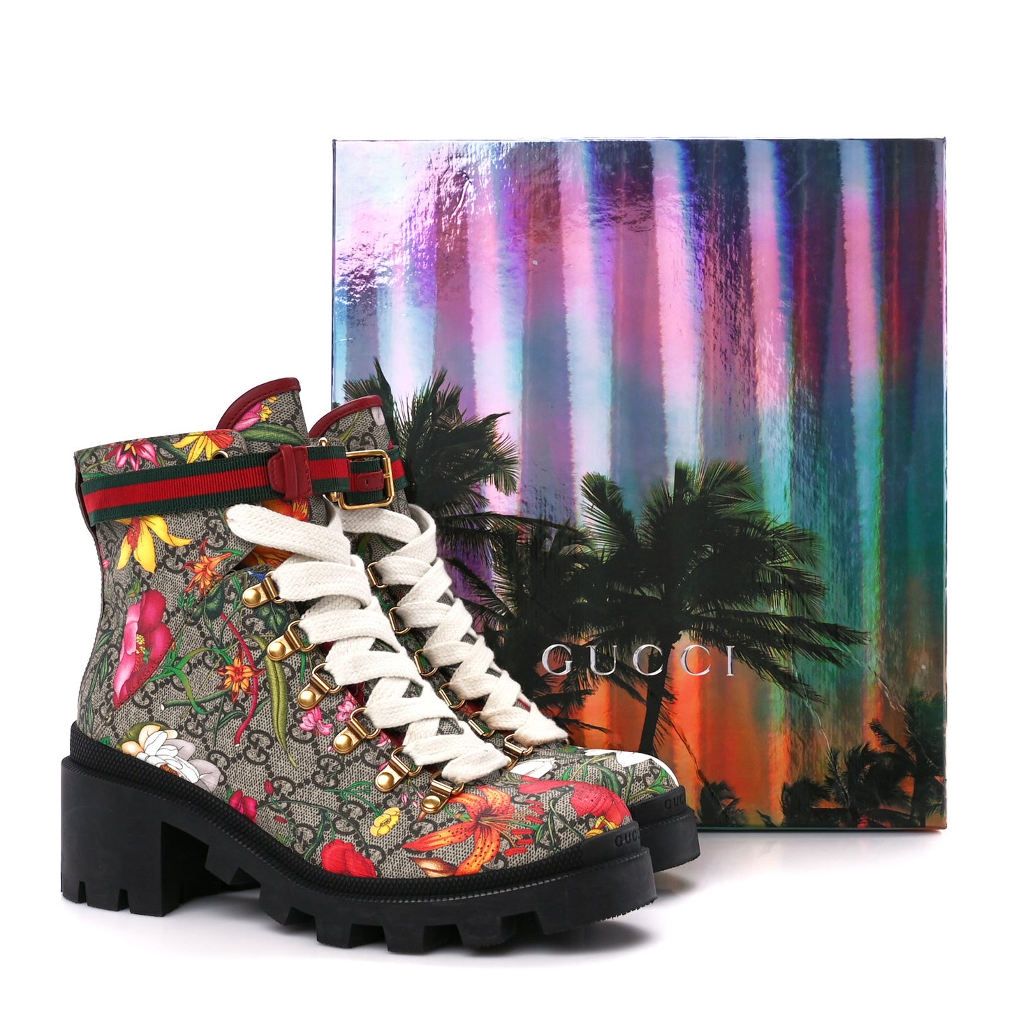 GG Supreme Monogram Flora Lace Up Combat Ankle Boots 39 Beige Multicolor Red
