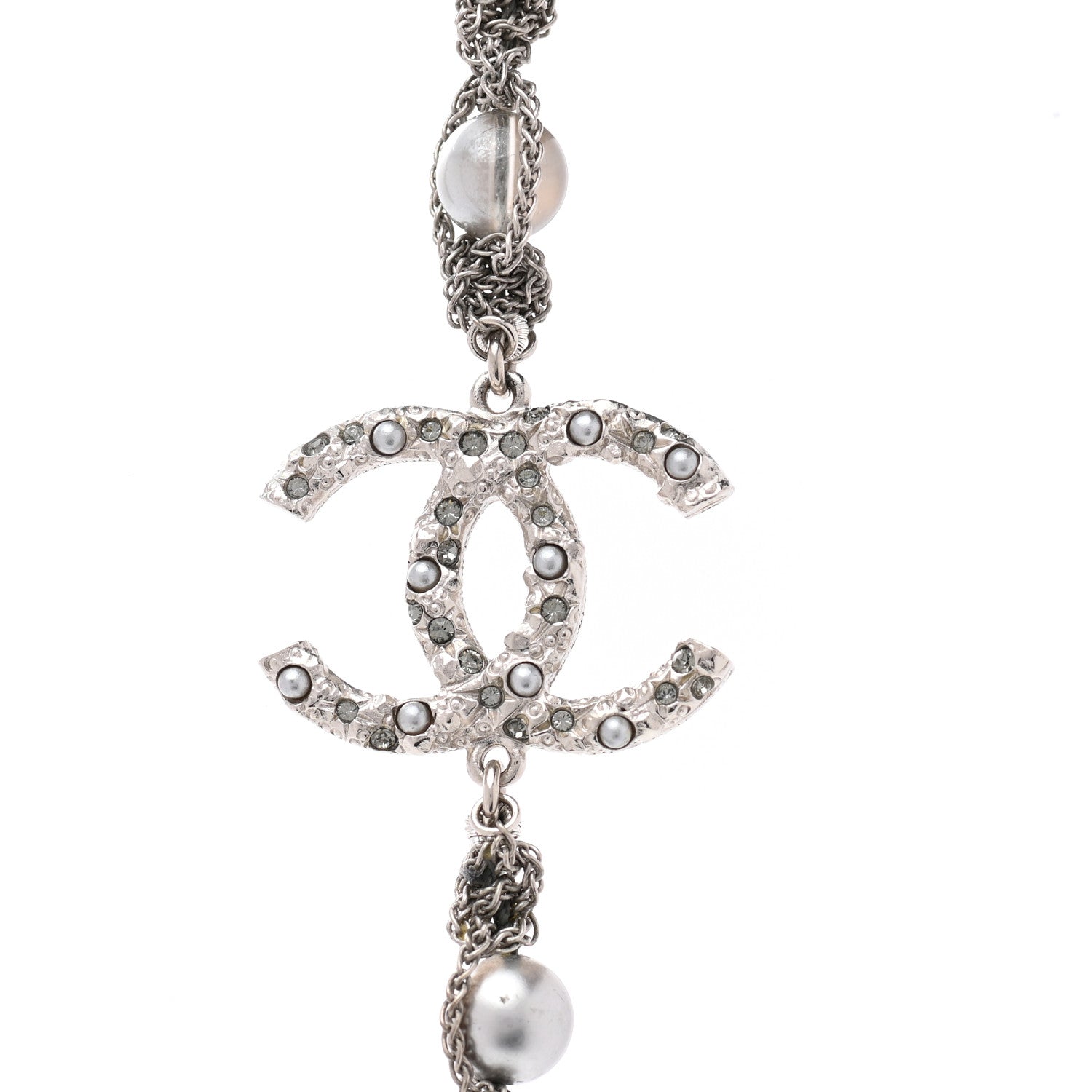 Chanel Pearl Crystal Bead Chain CC Long Necklace Silver Grey 4 of 7