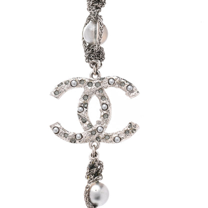 Chanel Pearl Crystal Bead Chain CC Long Necklace Silver Grey 4 of 7
