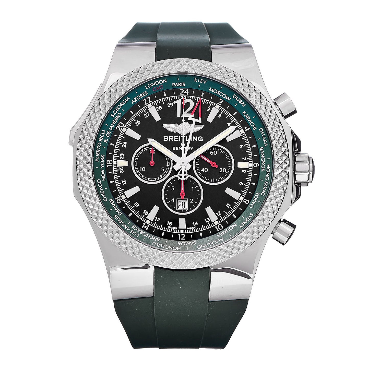 Stainless Steel Rubber 49mm Bentley GMT Chronograph Automatic Watch Green A47362