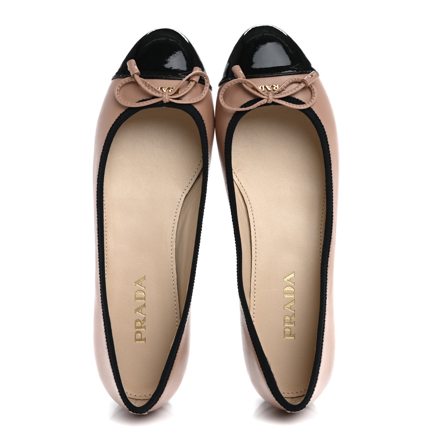 Prada Nappa Vernice Cap Toe Logo Bow Ballerina Flats 37 Nude Black 2 of 11