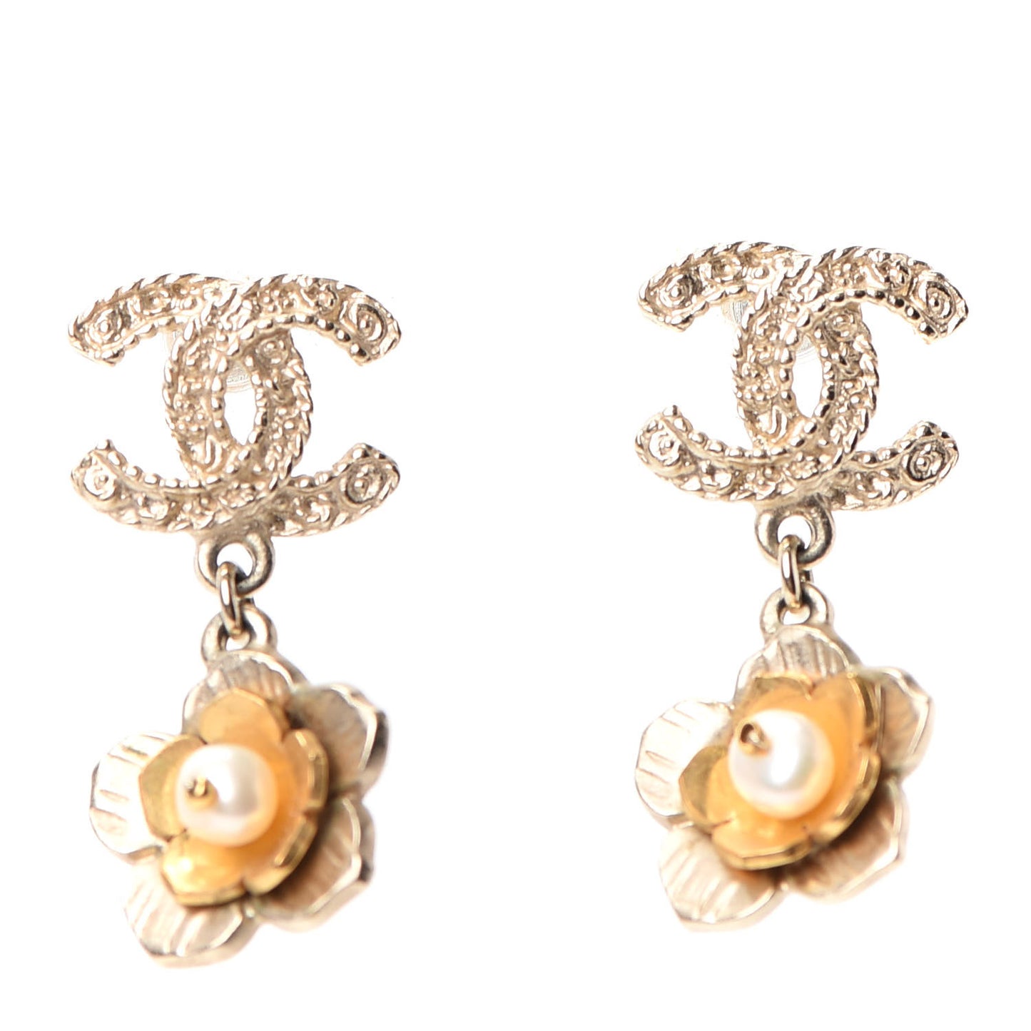 Pearl CC Flower Drop Earrings Gold