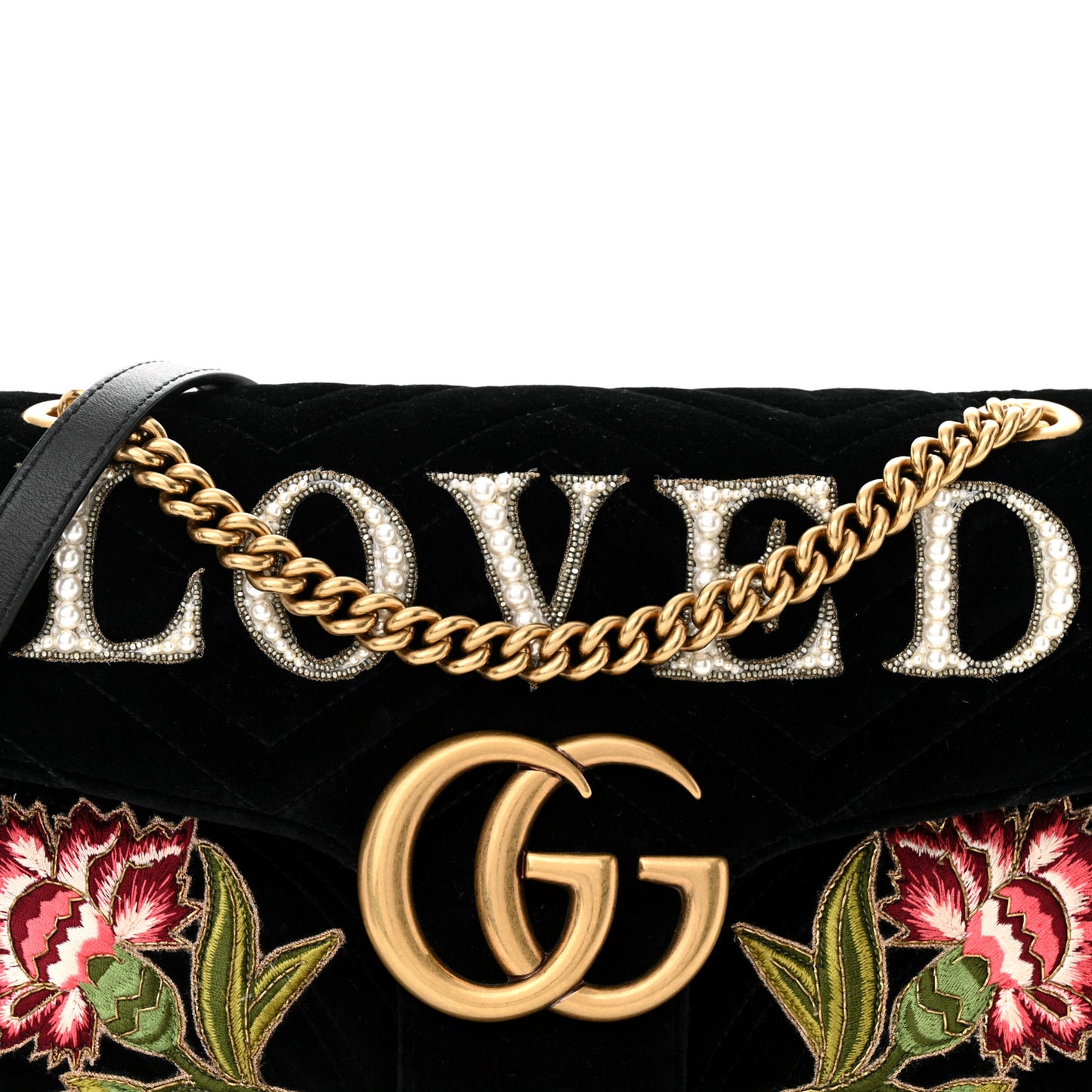 Velvet Matelasse Loved Embroidered Medium GG Marmont Shoulder Bag Black
