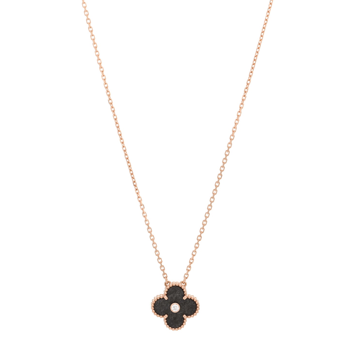 18K Rose Gold Diamond Silver Obsidian Vintage Alhambra Pendant Necklace