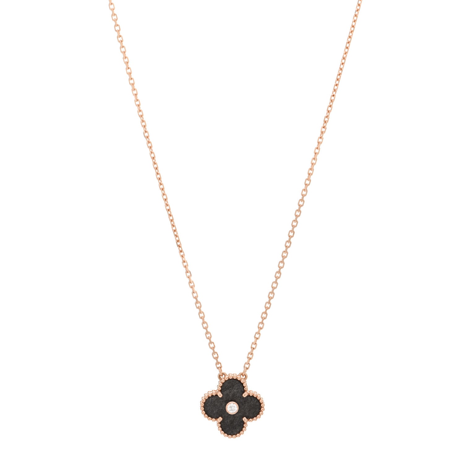Van Cleef & Arpels 18K Rose Gold Diamond Silver Obsidian Vintage Alhambra Pendant Necklace 1 of 4