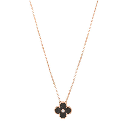 Van Cleef & Arpels 18K Rose Gold Diamond Silver Obsidian Vintage Alhambra Pendant Necklace 1 of 4