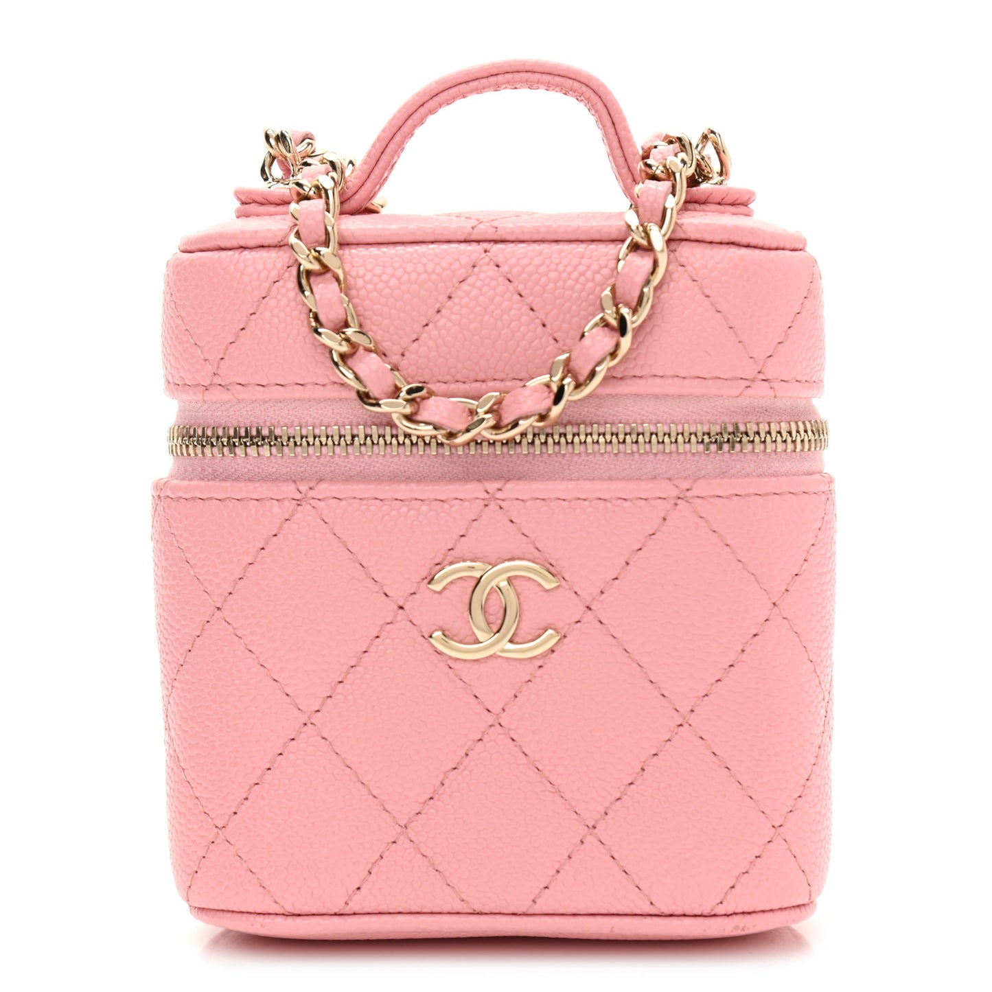 Caviar Quilted Small Handle With Care Vanity Case With Chain Pink