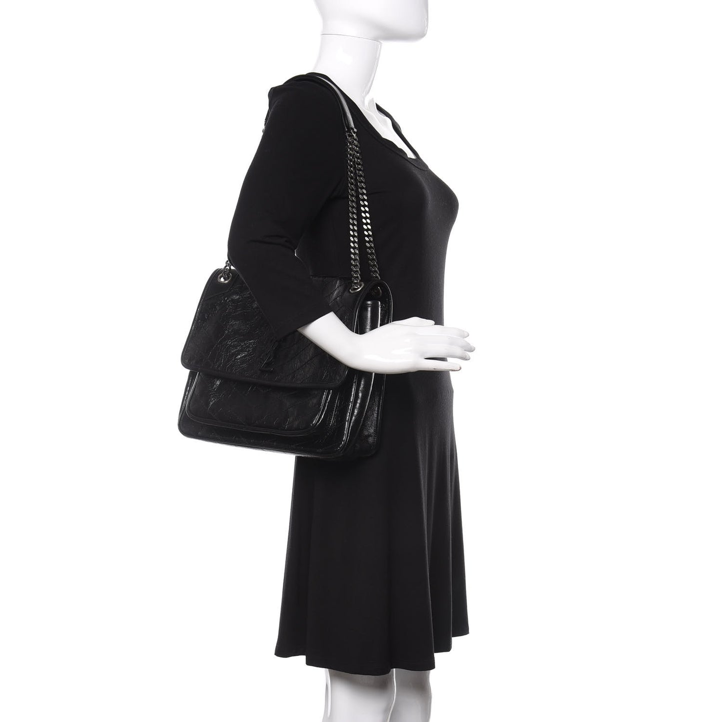 Crinkled Calfskin Matelasse Monogram Large Niki Chain Satchel Black