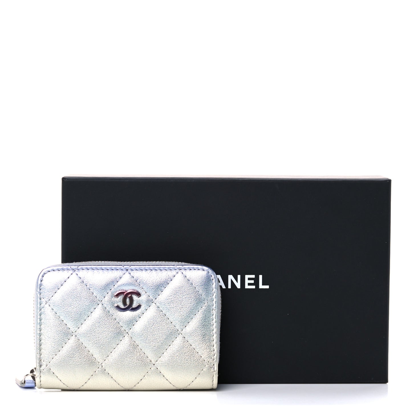 Gradient Metallic Calfskin Quilted Zip Around Coin Purse Wallet Silver Blue Yellow Purple