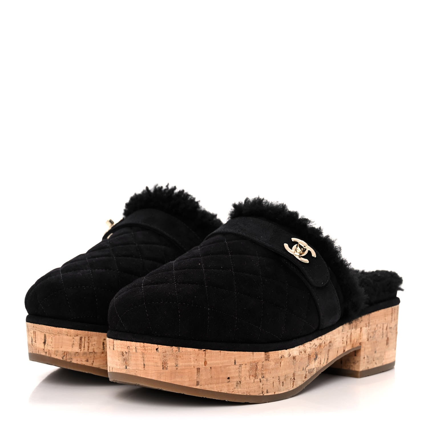 Chanel Suede Calfskin Shearling Turn Lock Clogs 38 Black 3 of 8