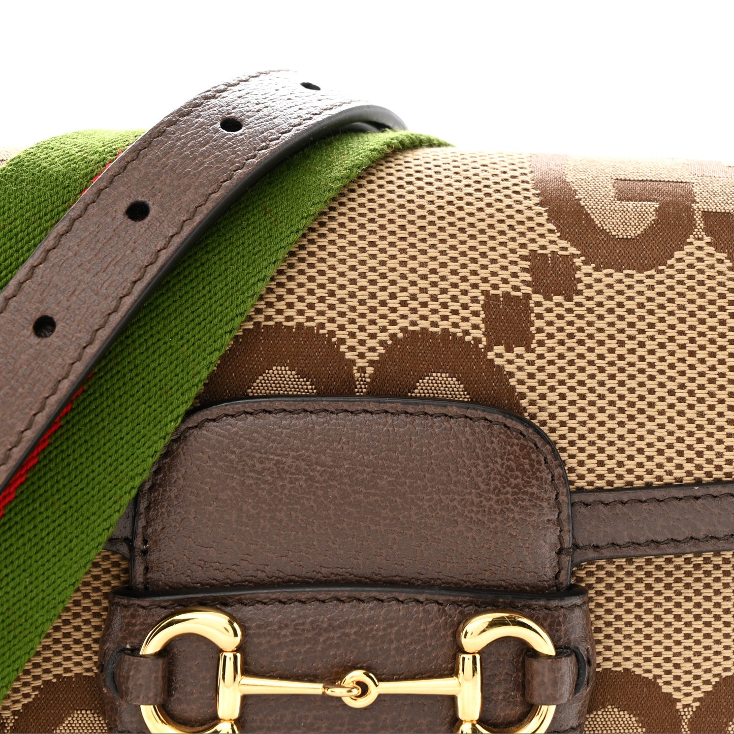 Monogram Jumbo GG Textured Dollar Calfskin Web Mini Horsebit 1955 Shoulder Bag Camel Ebony New Acero