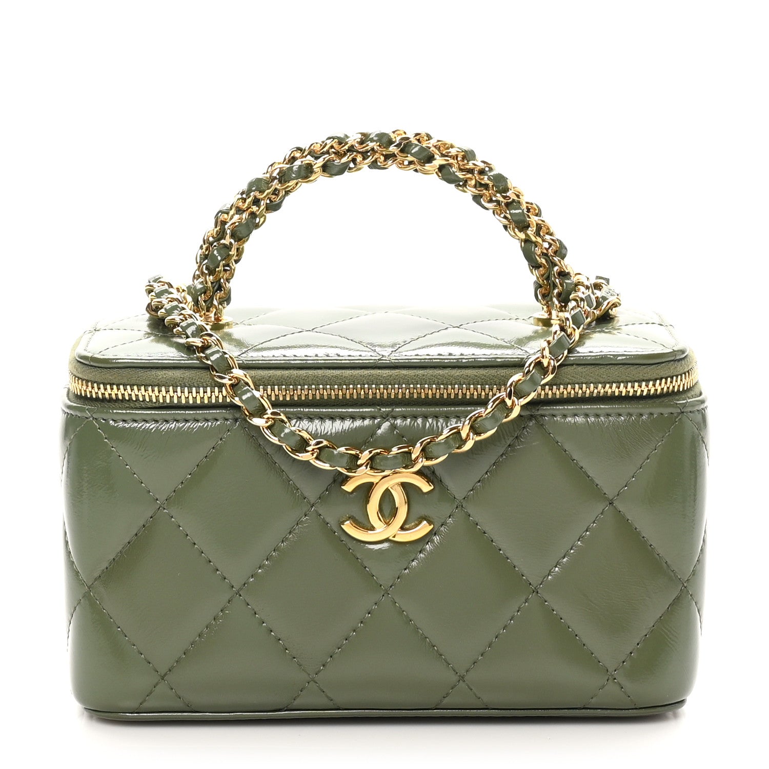 Chanel Shiny Crumpled Calfskin Quilted Pick Me Up Vanity Case Khaki 1 of 11