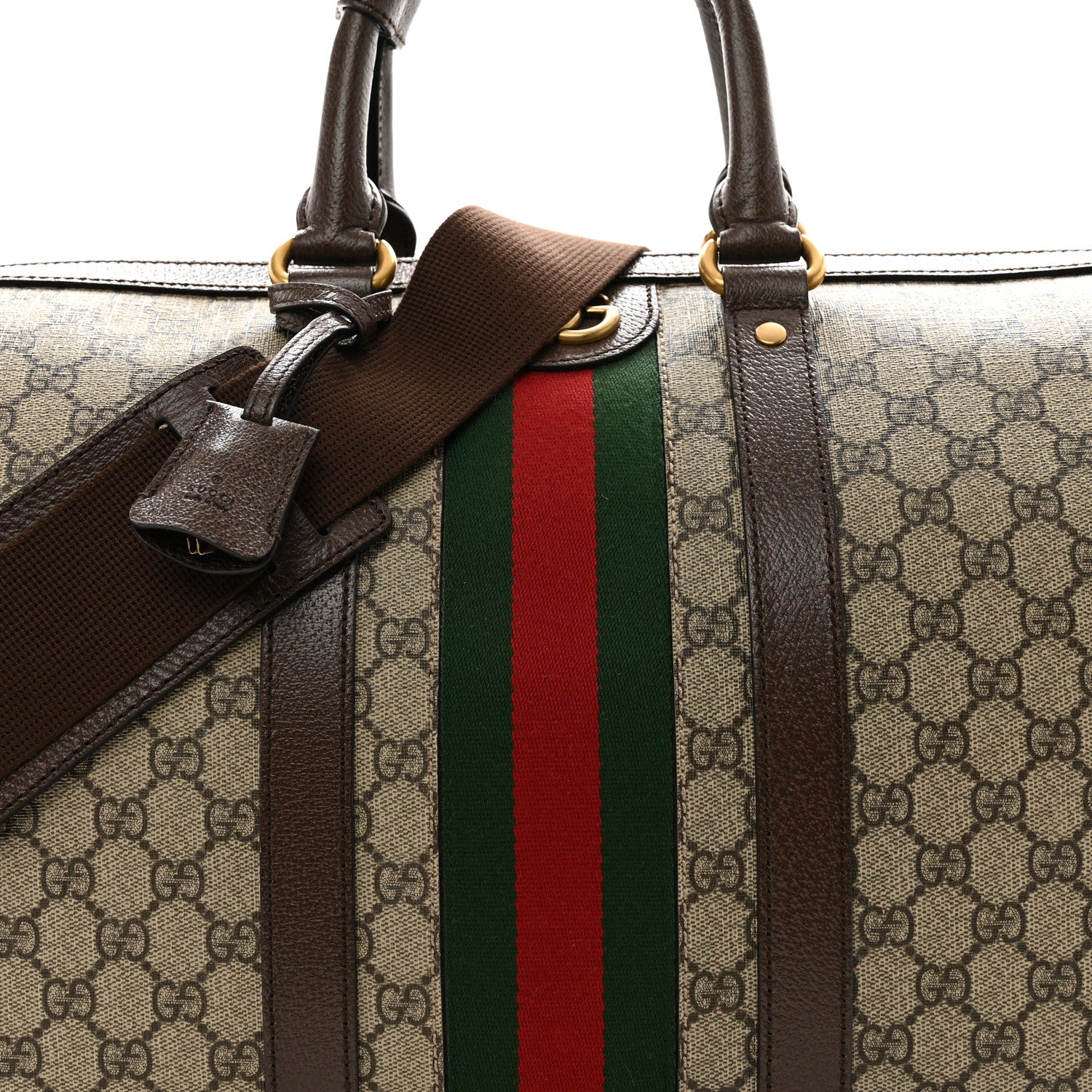 Gucci GG Supreme Monogram Textured Dollar Calfskin Web Medium Savoy Duffle Bag Beige Ebony New Acero 6 of 11