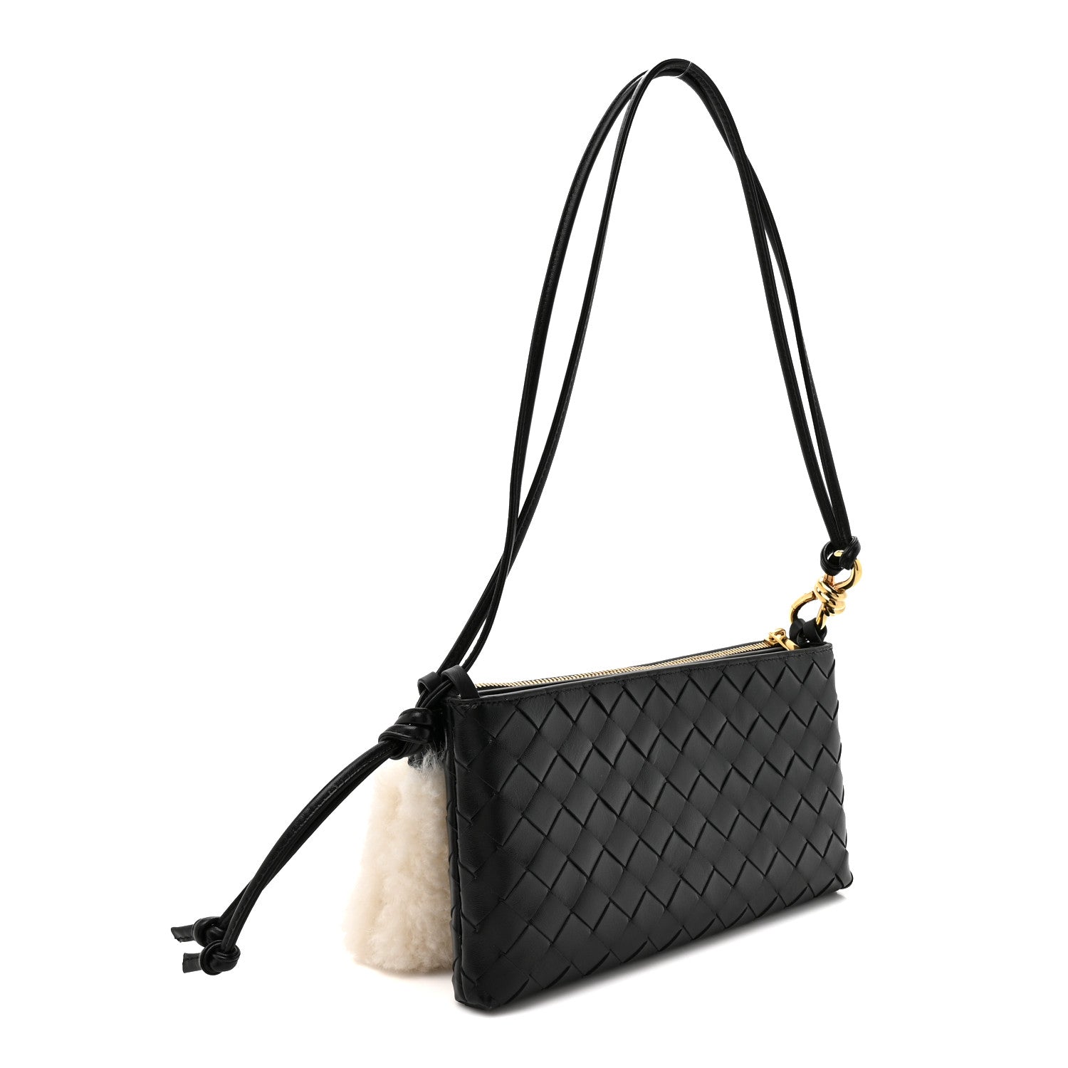 Bottega Veneta Nappa Intrecciato Shearling Andiamo Double Pouch Bag Black White 2 of 10