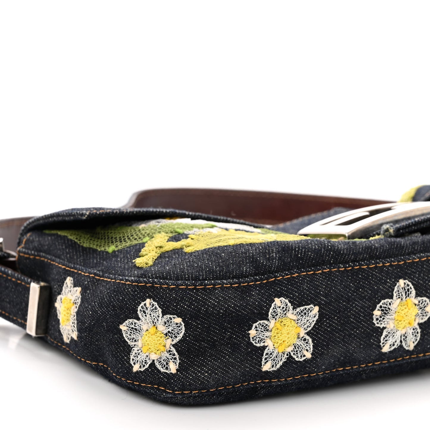 Denim Flower Applique Baguette Blue