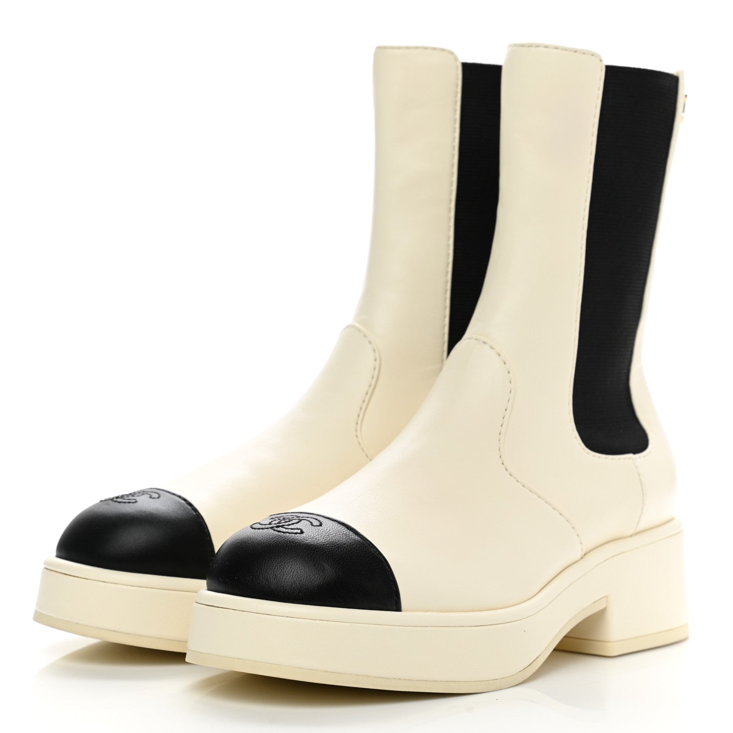 Chanel Lambskin Patent Cap Toe Short Boots 36 Ivory Black 3 of 9
