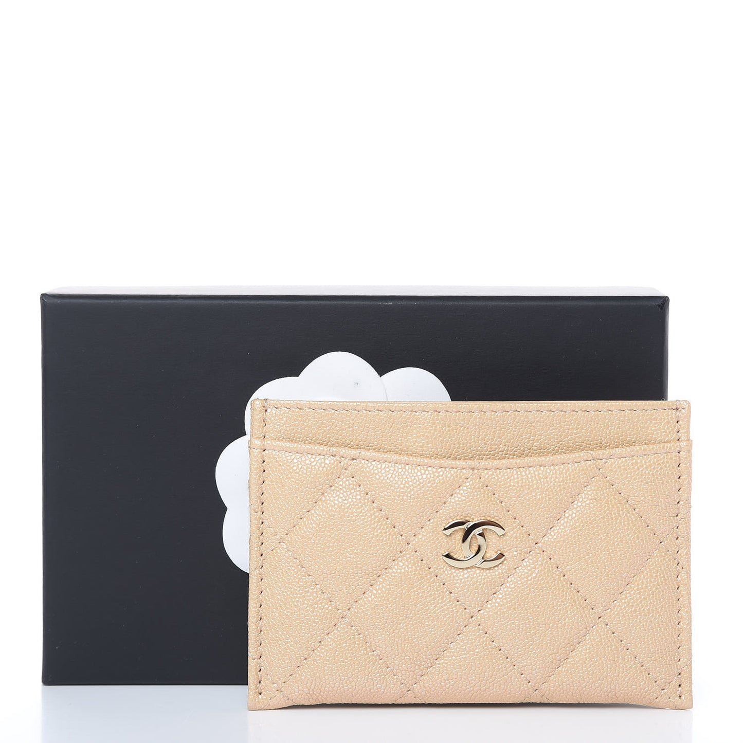 Iridescent Caviar Quilted Card Holder Beige