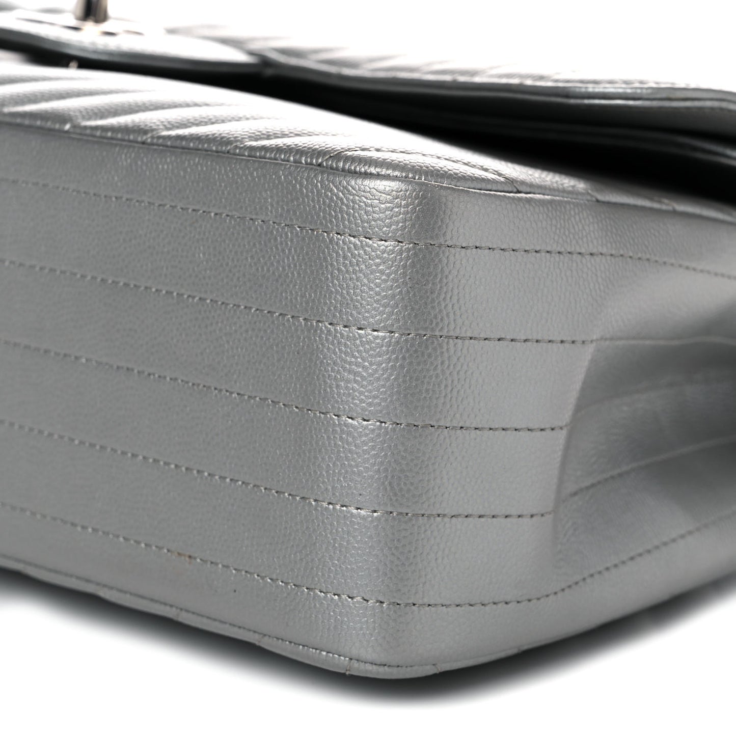 Metallic Caviar Chevron Quilted Jumbo Double Flap Silver