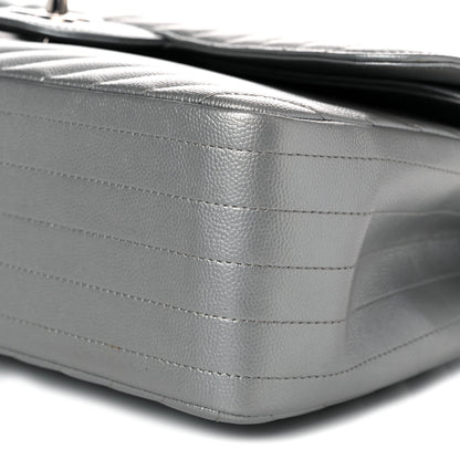 Chanel Metallic Caviar Chevron Quilted Jumbo Double Flap Silver 9 of 14