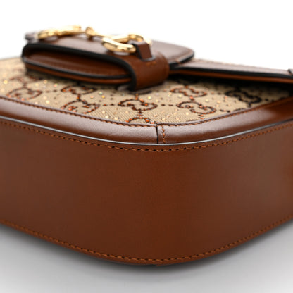 Gucci New Canvas Charisma Calfskin Crystal GG Monogram Mini Horsebit 1955 Shoulder Bag Camel Ebony 9 of 10