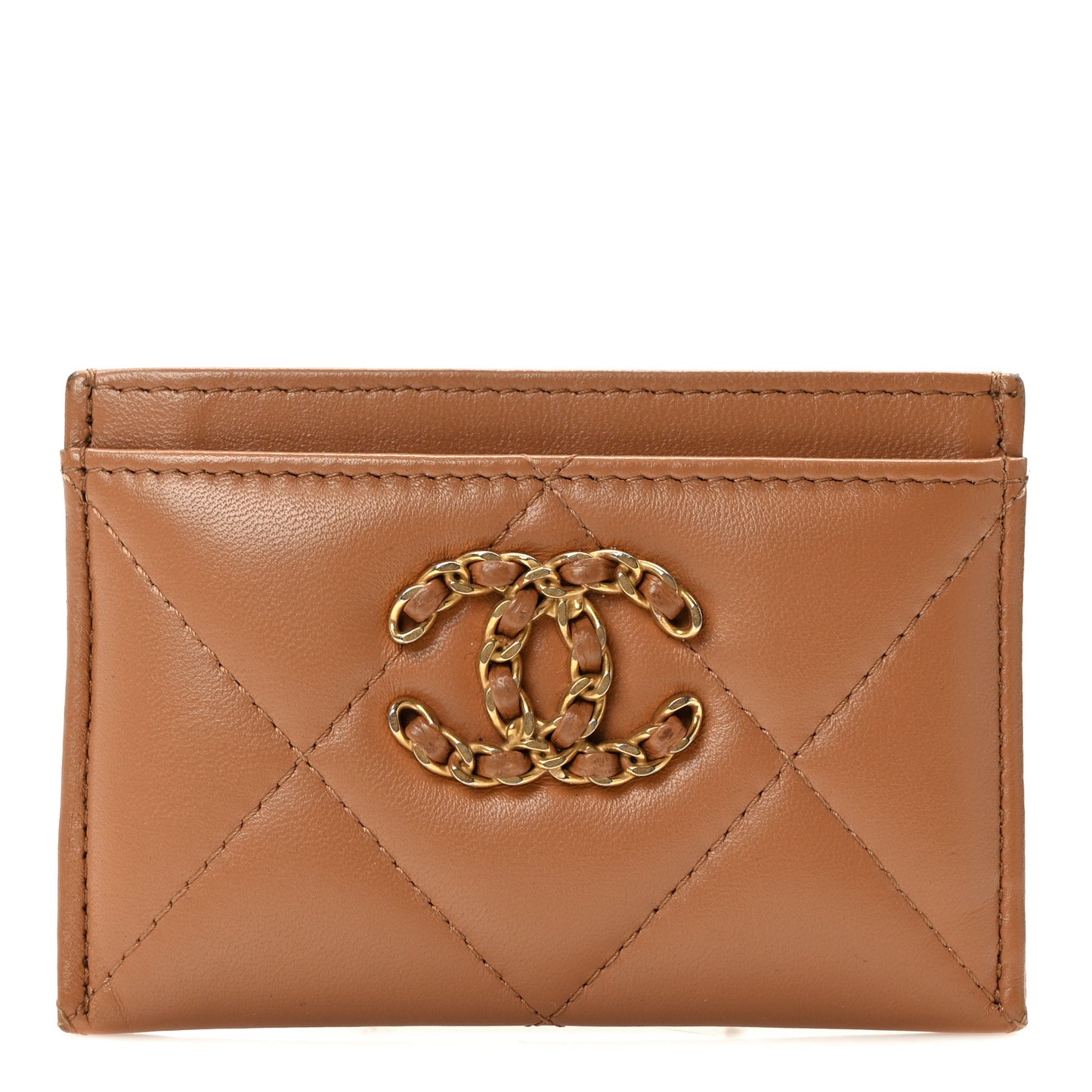 Lambskin Quilted Chanel 19 Card Holder Brown