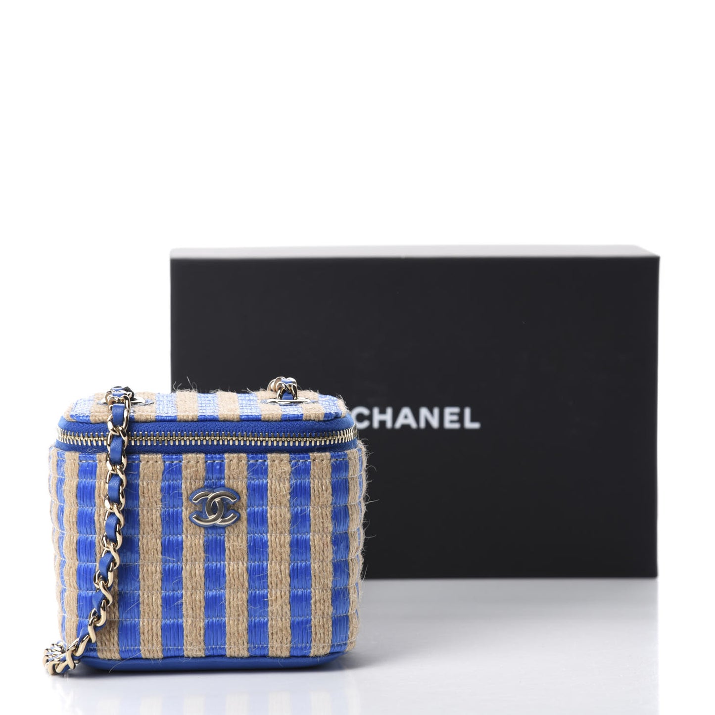Raffia Jute Striped Mini Vanity Case With Chain Blue Beige