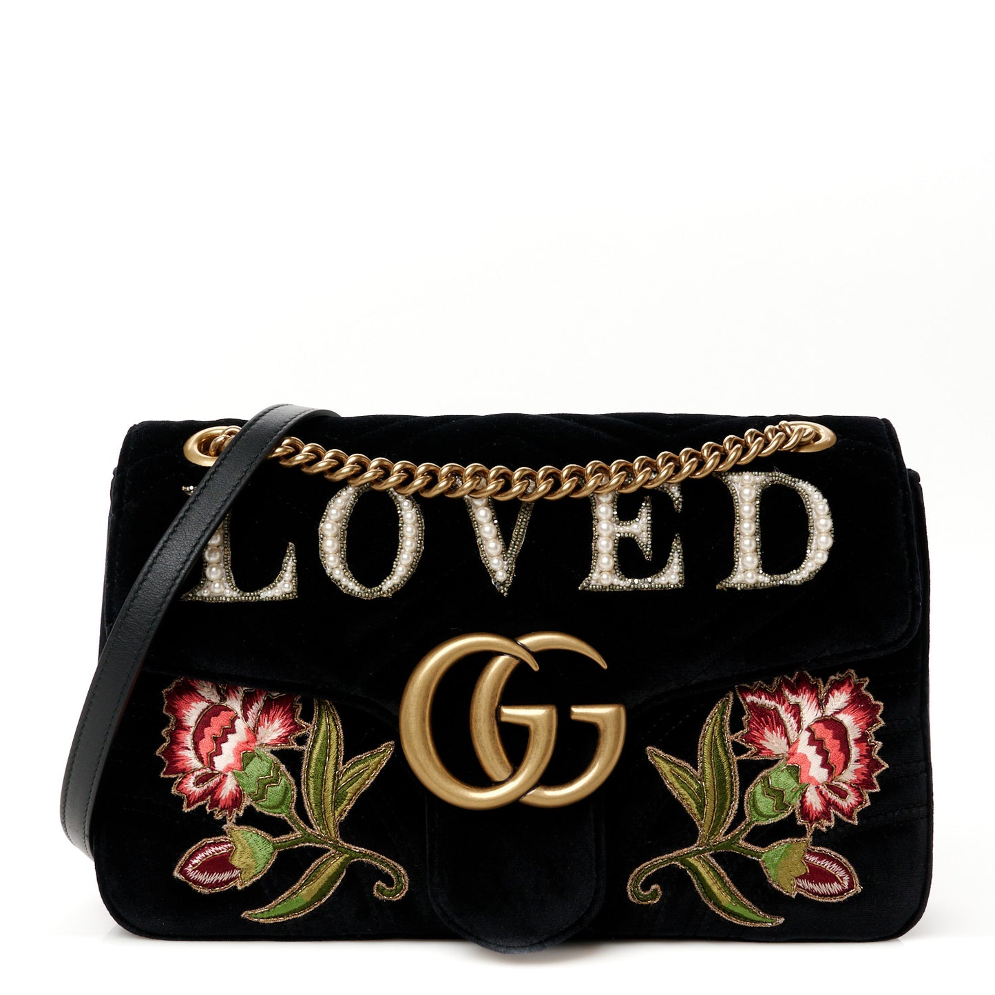 Velvet Matelasse Loved Embroidered Medium GG Marmont Shoulder Bag Black