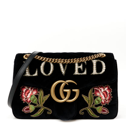 Gucci Velvet Matelasse Loved Embroidered Medium GG Marmont Shoulder Bag Black 1 of 11