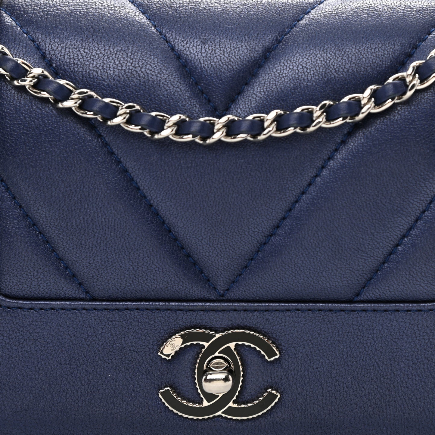Metallic Sheepskin Chevron Quilted Small Vintage Mademoiselle Flap Navy