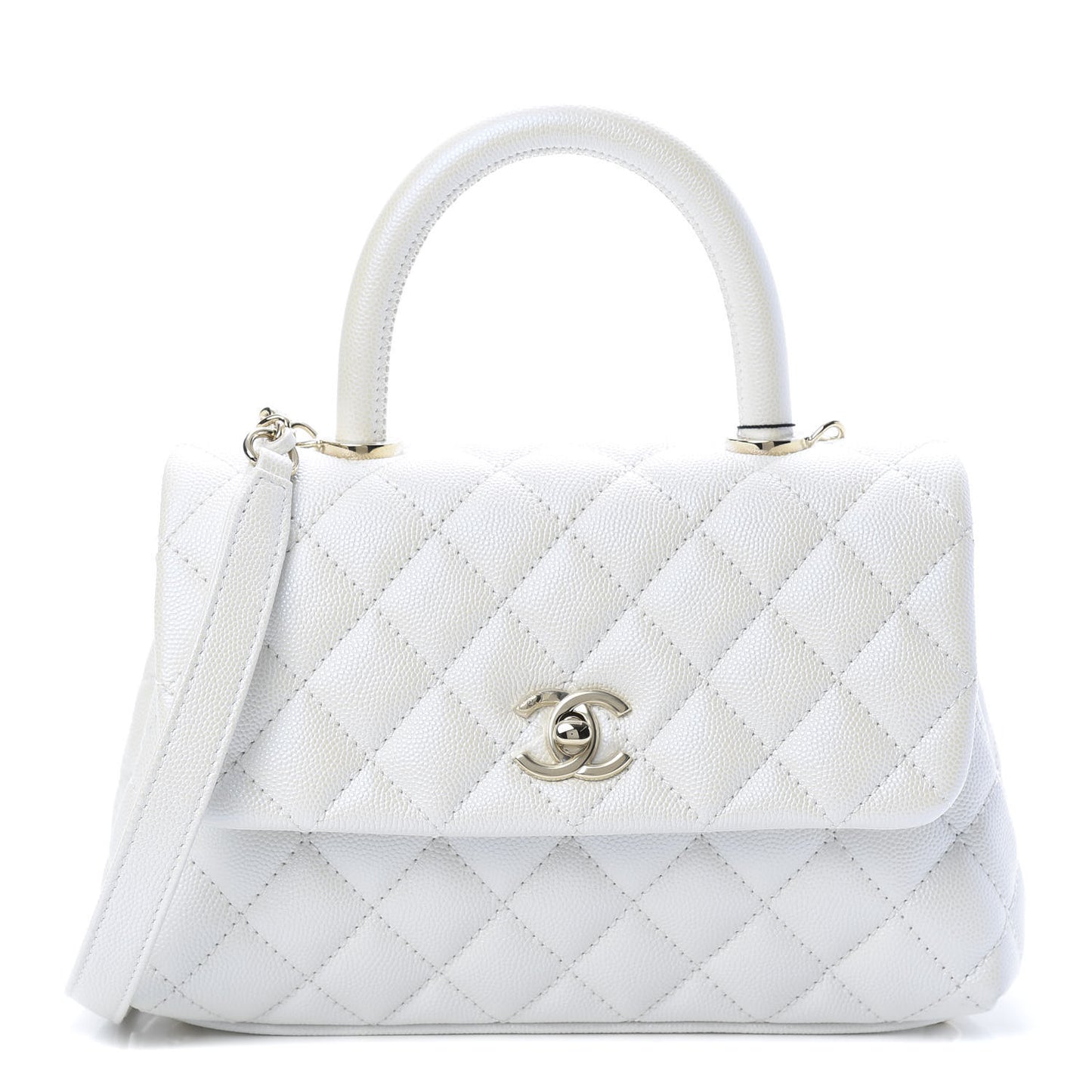 Iridescent Caviar Quilted Mini Coco Handle Flap White