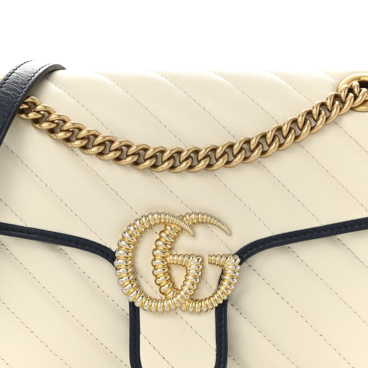 Vintage Effect Calfskin Matelasse Diagonal Small Torchon GG Marmont Shoulder Bag Mystic White Blue Agata