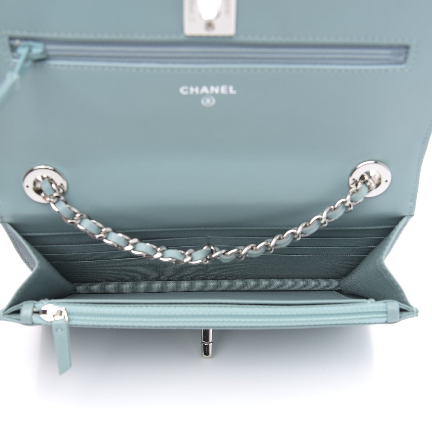 Lambskin Quilted Trendy CC Wallet On Chain WOC Light Blue