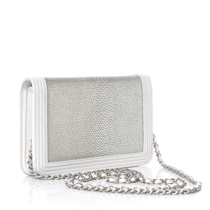 Chanel Metallic Galuchat Stingray Lambskin Boy Wallet On Chain WOC Silver 3 of 12
